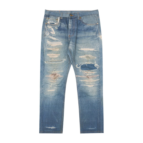 Vintage Washed Distressed Straight Jeans—9070