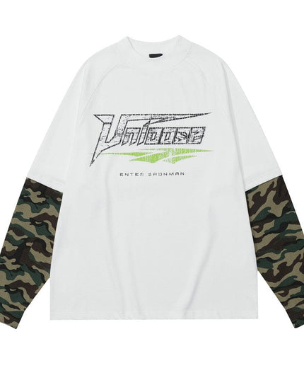 Mein Shop 0 White / S False Two-piece Patchwork Camouflage Long Sleeve Loose T-shirt Men