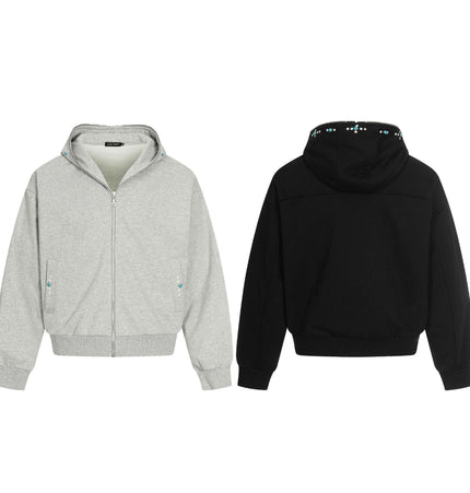 TALKLESSFASHION 0267 American retro trend men's and women's turquoise design solid color men's zipper short and wide hooded sweatshirt