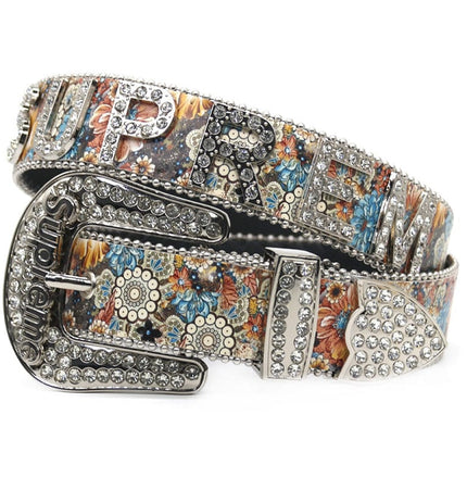 TALKLESSFASHION 100cm / Printed lettering rhinestone belt Cross-border trend print rhinestone belt