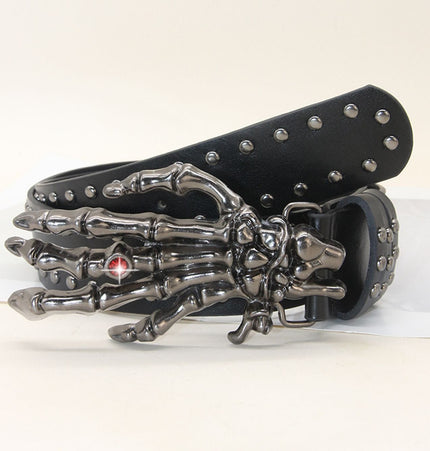 TALKLESSFASHION 105cm in length 3.8cm in width / The ghostly hand is a willow nail with a red diamond Trend: Shibuya Spice Girls, Hip Hop, Punk, Subculture Accessories, Skull, Hand Stud, Belt, Belt, Pants, Belt, Triple Leather Loop