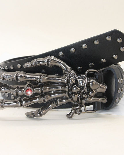TALKLESSFASHION 105cm in length 3.8cm in width / The ghostly hand is a willow nail with a red diamond Trend: Shibuya Spice Girls, Hip Hop, Punk, Subculture Accessories, Skull, Hand Stud, Belt, Belt, Pants, Belt, Triple Leather Loop