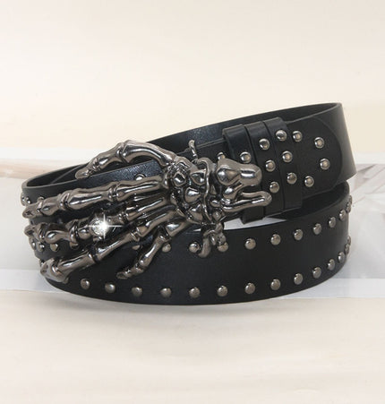 TALKLESSFASHION 105cm in length 3.8cm in width / The ghostly hand is a willow nail with a white diamond Trend: Shibuya Spice Girls, Hip Hop, Punk, Subculture Accessories, Skull, Hand Stud, Belt, Belt, Pants, Belt, Triple Leather Loop