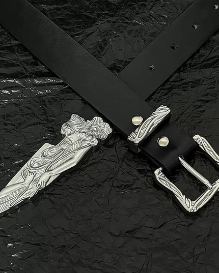 TALKLESSFASHION 110cm Direction of Light Western Swordsman Belt Kendo Carved Pants Belt Vintage Black Niche Belt