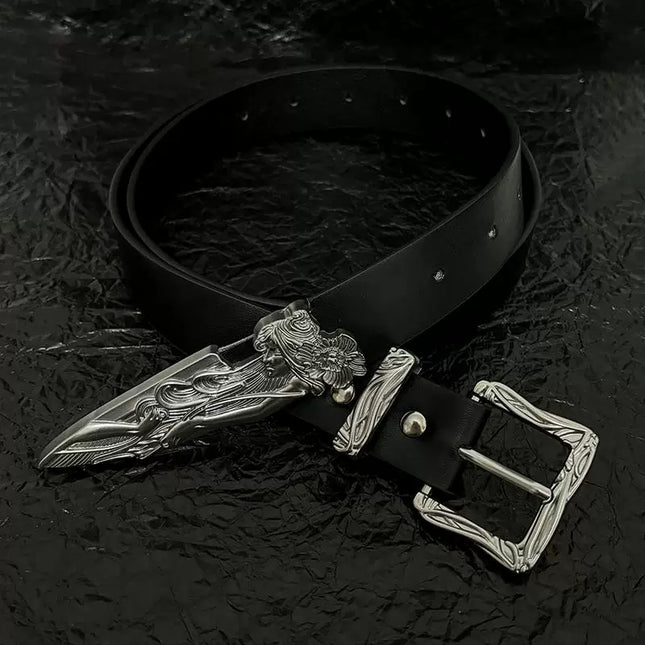 TALKLESSFASHION 110cm Direction of Light Western Swordsman Belt Kendo Carved Pants Belt Vintage Black Niche Belt