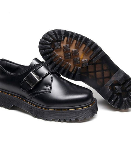 TALKLESSFASHION 1461 buckle platform low-top boots, British style casual small leather shoes, versatile student height increase thin booties women's 3.5