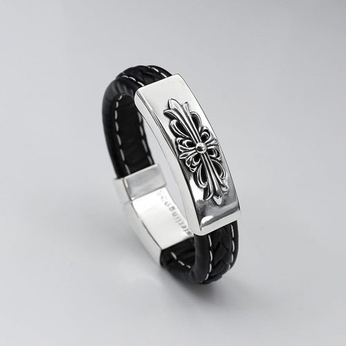 THETLSTUDIO 18cm CH Croling Crusader Flower Leather Bracelet Thai Silver Personality Cross Bracelet Vintage Old Men and Women Couple Bracelet