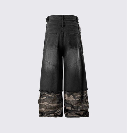 TALKLESSFASHION 2025 American High Street RO Style Heavy Washed Camouflage Embroidered Jeans Fake Two Wide-Leg Pants