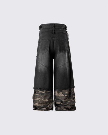 TALKLESSFASHION 2025 American High Street RO Style Heavy Washed Camouflage Embroidered Jeans Fake Two Wide-Leg Pants