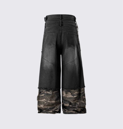 TALKLESSFASHION 2025 American High Street RO Style Heavy Washed Camouflage Embroidered Jeans Fake Two Wide-Leg Pants