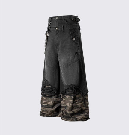 TALKLESSFASHION 2025 American High Street RO Style Heavy Washed Camouflage Embroidered Jeans Fake Two Wide-Leg Pants