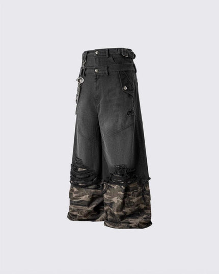 TALKLESSFASHION 2025 American High Street RO Style Heavy Washed Camouflage Embroidered Jeans Fake Two Wide-Leg Pants