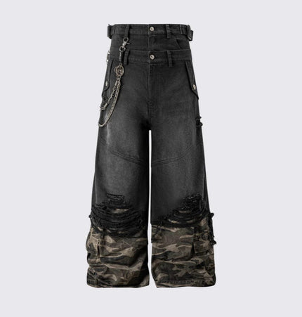 TALKLESSFASHION 2025 American High Street RO Style Heavy Washed Camouflage Embroidered Jeans Fake Two Wide-Leg Pants