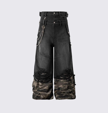 TALKLESSFASHION 2025 American High Street RO Style Heavy Washed Camouflage Embroidered Jeans Fake Two Wide-Leg Pants