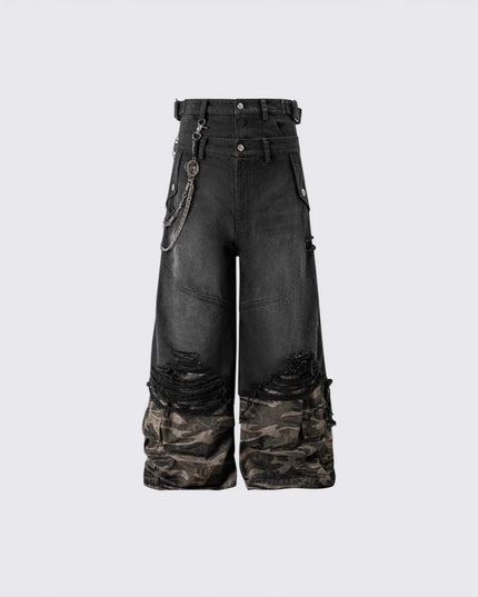 TALKLESSFASHION 2025 American High Street RO Style Heavy Washed Camouflage Embroidered Jeans Fake Two Wide-Leg Pants