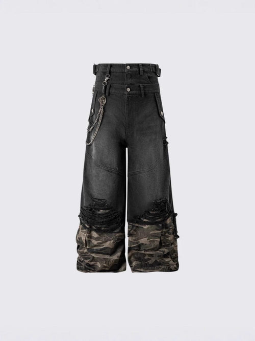 THETLSTUDIO 2025 American High Street RO Style Heavy Washed Camouflage Embroidered Jeans Fake Two Wide-Leg Pants