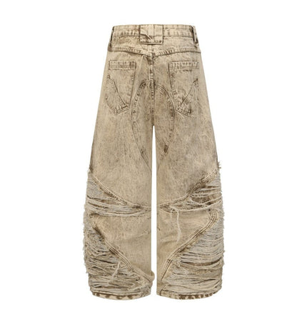 TALKLESSFASHION 2025 New Scimitar Denim Pants High Street Wasteland Style Torn Raw Edge Loose Slimming Washed Jeans