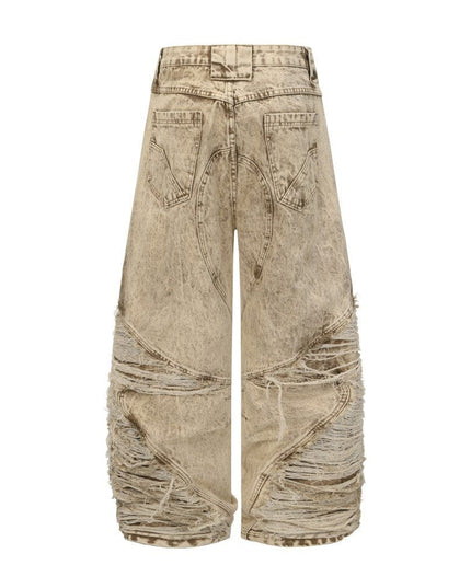 TALKLESSFASHION 2025 New Scimitar Denim Pants High Street Wasteland Style Torn Raw Edge Loose Slimming Washed Jeans