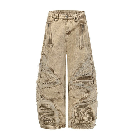 TALKLESSFASHION 2025 New Scimitar Denim Pants High Street Wasteland Style Torn Raw Edge Loose Slimming Washed Jeans