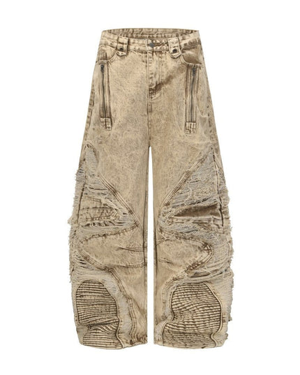 TALKLESSFASHION 2025 New Scimitar Denim Pants High Street Wasteland Style Torn Raw Edge Loose Slimming Washed Jeans