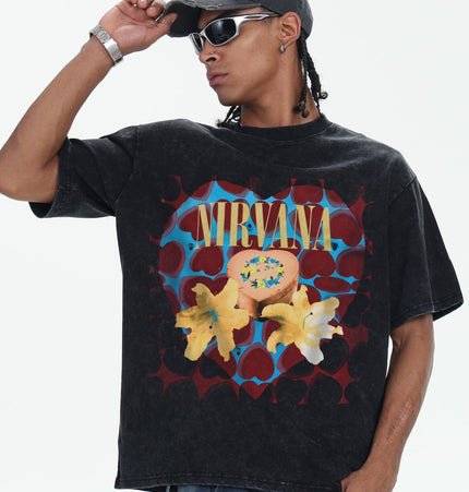 TALKLESSFASHION 2026 Spring and Summer Nirvana Heart-shaped Gift Box American Cotton T-Shirt Men's Direct Jet Print Summer Breathable American Short Sleeves