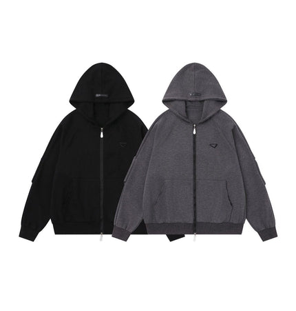 TALKLESSFASHION 25010 Retro High-End Neutral Trend Solid Color Deconstructed Jacket Design Men's Loose Cardigan Hooded Sweatshirt