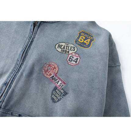 TALKLESSFASHION 27362 American trend washed and worn print design short and wide men's hooded cardigan sweatshirt jacket
