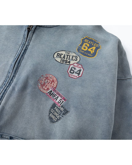 TALKLESSFASHION 27362 American trend washed and worn print design short and wide men's hooded cardigan sweatshirt jacket