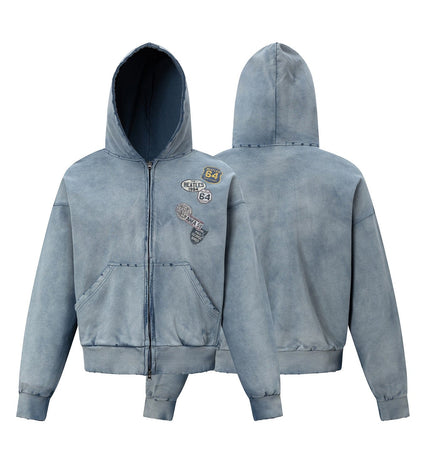 TALKLESSFASHION 27362 American trend washed and worn print design short and wide men's hooded cardigan sweatshirt jacket