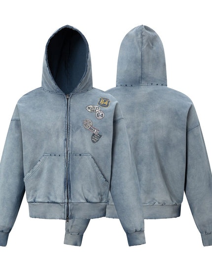 TALKLESSFASHION 27362 American trend washed and worn print design short and wide men's hooded cardigan sweatshirt jacket