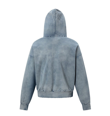 TALKLESSFASHION 27362 American trend washed and worn print design short and wide men's hooded cardigan sweatshirt jacket