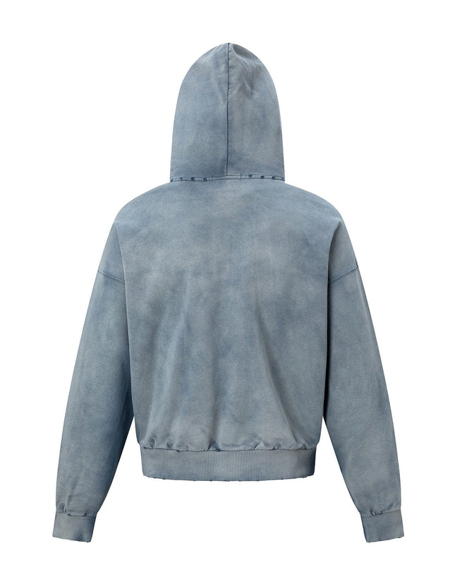 TALKLESSFASHION 27362 American trend washed and worn print design short and wide men's hooded cardigan sweatshirt jacket