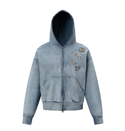 TALKLESSFASHION 27362 American trend washed and worn print design short and wide men's hooded cardigan sweatshirt jacket