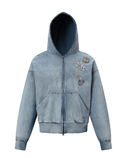 TALKLESSFASHION 27362 American trend washed and worn print design short and wide men's hooded cardigan sweatshirt jacket