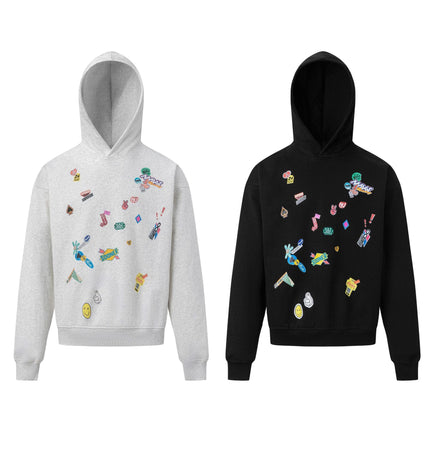 TALKLESSFASHION 27412 American retro neutral high-end fun sticker print design men's heavy loose hooded sweatshirt