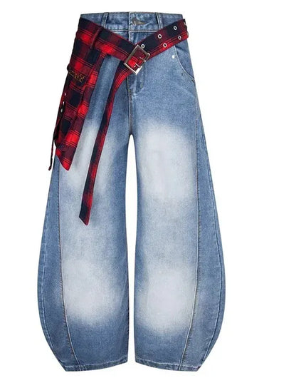 TALKLESSFASHION 2Xl / Light  Blue TALKLESS Washed Plaid Belt Barrel Jeans—5227