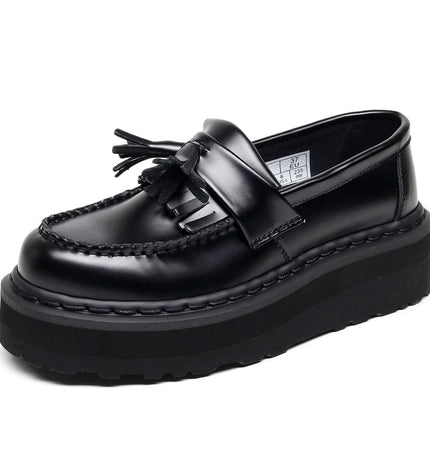 TALKLESSFASHION 35 / Black Line [No foot grinding] lightweight-platform tassel loafers, female genuine leather low-top heightened black small leather shoes four-season boots 5