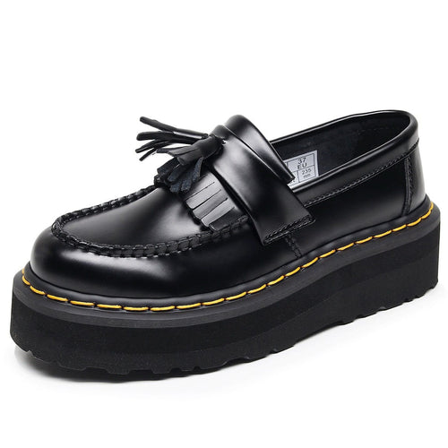 TALKLESSFASHION 35 / Yellow Line [No foot grinding] lightweight-platform tassel loafers, female genuine leather low-top heightened black small leather shoes four-season boots 5