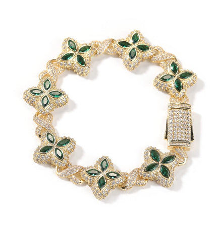 TALKLESSFASHION 7inch bracelet / Golden green zirconium Hip-hop rap chain, infinite clover bracelet, fashion cool ruffian, high-end 5A zircon color necklace jewelry
