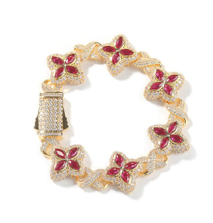 TALKLESSFASHION 7inch bracelet / Golden red corundum Hip-hop rap chain, infinite clover bracelet, fashion cool ruffian, high-end 5A zircon color necklace jewelry