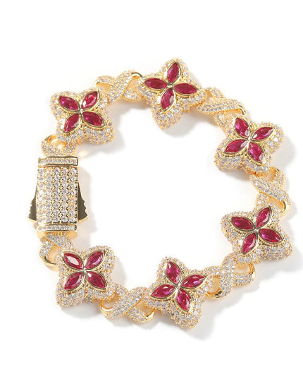 TALKLESSFASHION 7inch bracelet / Golden red corundum Hip-hop rap chain, infinite clover bracelet, fashion cool ruffian, high-end 5A zircon color necklace jewelry