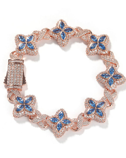 TALKLESSFASHION 7inch bracelet / Rose gold sea blue Hip-hop rap chain, infinite clover bracelet, fashion cool ruffian, high-end 5A zircon color necklace jewelry