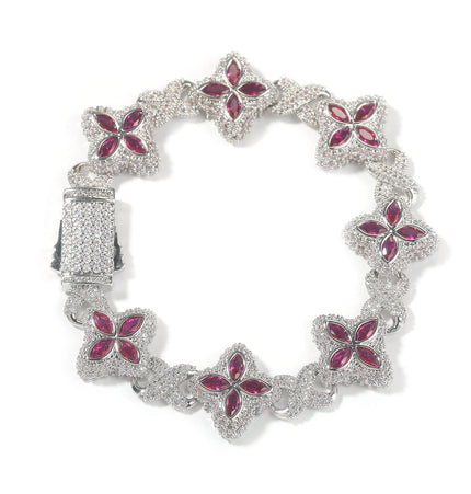 TALKLESSFASHION 7inch bracelet / Silver red corundum Hip-hop rap chain, infinite clover bracelet, fashion cool ruffian, high-end 5A zircon color necklace jewelry