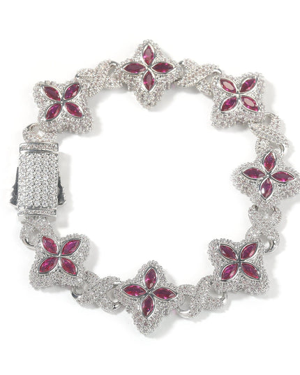 TALKLESSFASHION 7inch bracelet / Silver red corundum Hip-hop rap chain, infinite clover bracelet, fashion cool ruffian, high-end 5A zircon color necklace jewelry