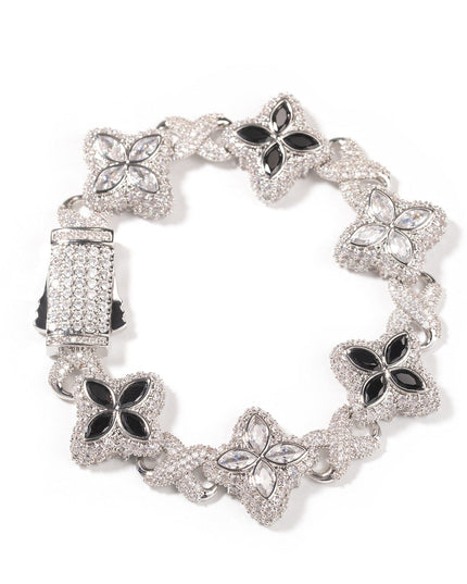TALKLESSFASHION 7inch bracelet / Silver white + black Hip-hop rap chain, infinite clover bracelet, fashion cool ruffian, high-end 5A zircon color necklace jewelry