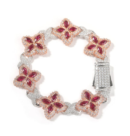 TALKLESSFASHION 7inch bracelet / Two-color electroplated rose gold red corundum Hip-hop rap chain, infinite clover bracelet, fashion cool ruffian, high-end 5A zircon color necklace jewelry