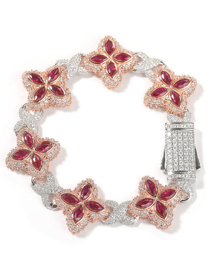 TALKLESSFASHION 7inch bracelet / Two-color electroplated rose gold red corundum Hip-hop rap chain, infinite clover bracelet, fashion cool ruffian, high-end 5A zircon color necklace jewelry