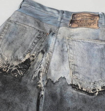 TALKLESSFASHION AC Feng Gao Street Old Jeans Heavy Work Washing Hand Destroyed Raw Edge Men and Women Vintage Scimitar Loose Pants
