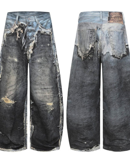 TALKLESSFASHION AC Feng Gao Street Old Jeans Heavy Work Washing Hand Destroyed Raw Edge Men and Women Vintage Scimitar Loose Pants