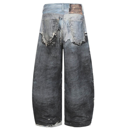 TALKLESSFASHION AC Feng Gao Street Old Jeans Heavy Work Washing Hand Destroyed Raw Edge Men and Women Vintage Scimitar Loose Pants